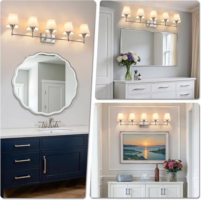 Brushed Nickel Bathroom Vanity Light: 5 Light Vanity Lighting Fixtures with Flared Fabric Shade, Modern Bathroom Lighting Fixtures over Mirror, Wall Sconce Lights for Bedroom Hallway Living Room