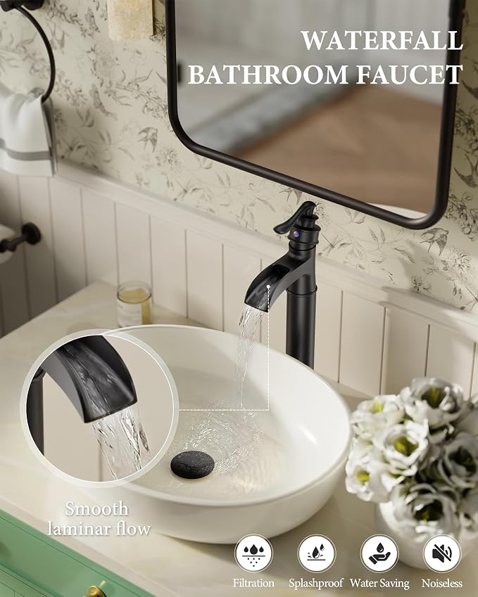 Matte Black Vessel Sink Faucets Waterfall Bathroom Faucet Single Handle | 1 Hole Brass for Lavatory Farmhouse with Pop Up Drain Mixer Tap Without Overflow Supply Line by Homevacious