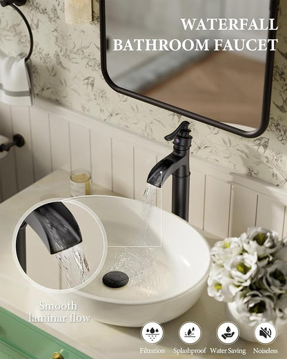 Matte Black Vessel Sink Faucets Waterfall Bathroom Faucet Single Handle | 1 Hole Brass for Lavatory Farmhouse with Pop Up Drain Mixer Tap Without Overflow Supply Line by Homevacious