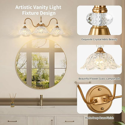 Vintage Bathroom Vanity Light, 3-Light Matte Deep Brass Finish Vanity Light with Flower-Shaped Clear Glass Shades, Retro Wall Sconce for Bathroom