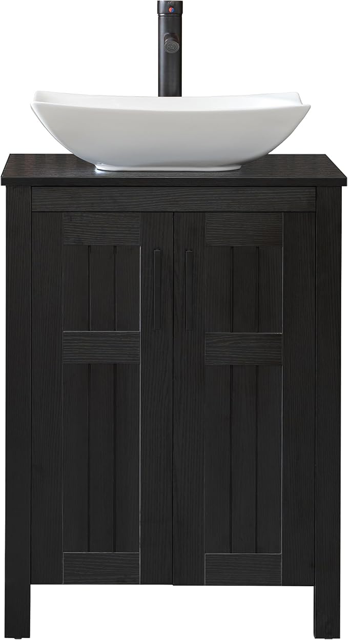 UEV Black 24" Bathroom Vanity with Sink Combo,Modern Freestanding Sink Cabinet,Stylish Bathroom Vanity Cabinet,Grooved Double Doors,Metal Handles,Modern Artistic Ceramic Vessel Sink Combo(032WH New)