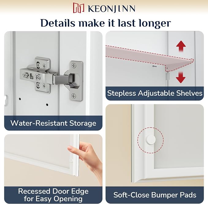 Keonjinn 48x26 Inch White Bathroom Medicine Cabinets Mirror, Tempered Glass | Assembly Required, Lightweight Aluminum Frame, Adjustable Shelves, Surface Mount or Recessed, HD Tempered Glass, Soft Close