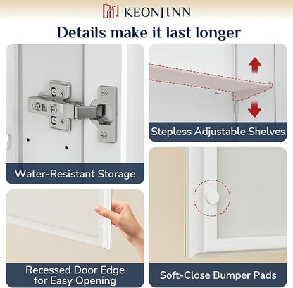 Keonjinn 48x26 Inch White Bathroom Medicine Cabinets Mirror, Tempered Glass | Assembly Required, Lightweight Aluminum Frame, Adjustable Shelves, Surface Mount or Recessed, HD Tempered Glass, Soft Close
