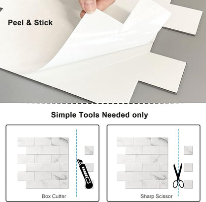 BeNice Marble Peel Stick Backsplash Tile Kitchen Fishbelly White 10pcs