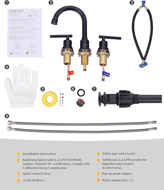 WOWOW 2 Handle Bathroom Faucet Oil Rubbed Bronze Bathroom Sink Faucet Widespread Vanity Faucet 3 Hole with Pop Up Drain and Supply Hoses High Arc Basin Faucet Brass