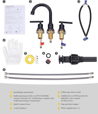 WOWOW 2 Handle Bathroom Faucet Oil Rubbed Bronze Bathroom Sink Faucet Widespread Vanity Faucet 3 Hole with Pop Up Drain and Supply Hoses High Arc Basin Faucet Brass