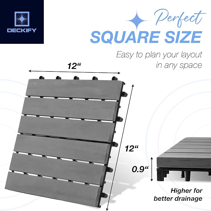 9-Piece Acacia Wood Interlocking Deck Tiles 12x12 in, Gray Striped | 6-Slat Wide Contact, Non-Slip Grip, 490 lb Capacity, Protective Oil-Rubbed Finish, Flat-Surface Install, Patio Ready