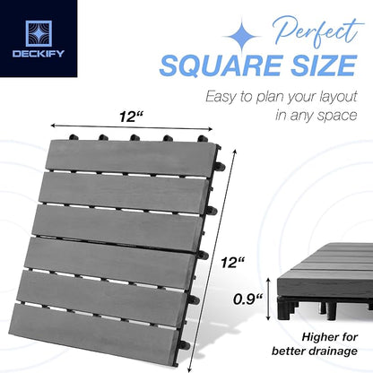 9-Piece Acacia Wood Interlocking Deck Tiles 12x12 in, Gray Striped | 6-Slat Wide Contact, Non-Slip Grip, 490 lb Capacity, Protective Oil-Rubbed Finish, Flat-Surface Install, Patio Ready