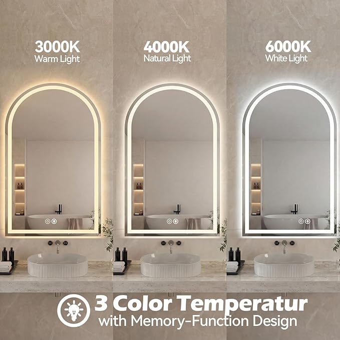 DUMOS 24"×36" LED Bathroom Mirror with Lights, Arched Vanity Mirror with Anti-Fog, Dimmable, 3-Color Light, Memory Function, Tempered Glass