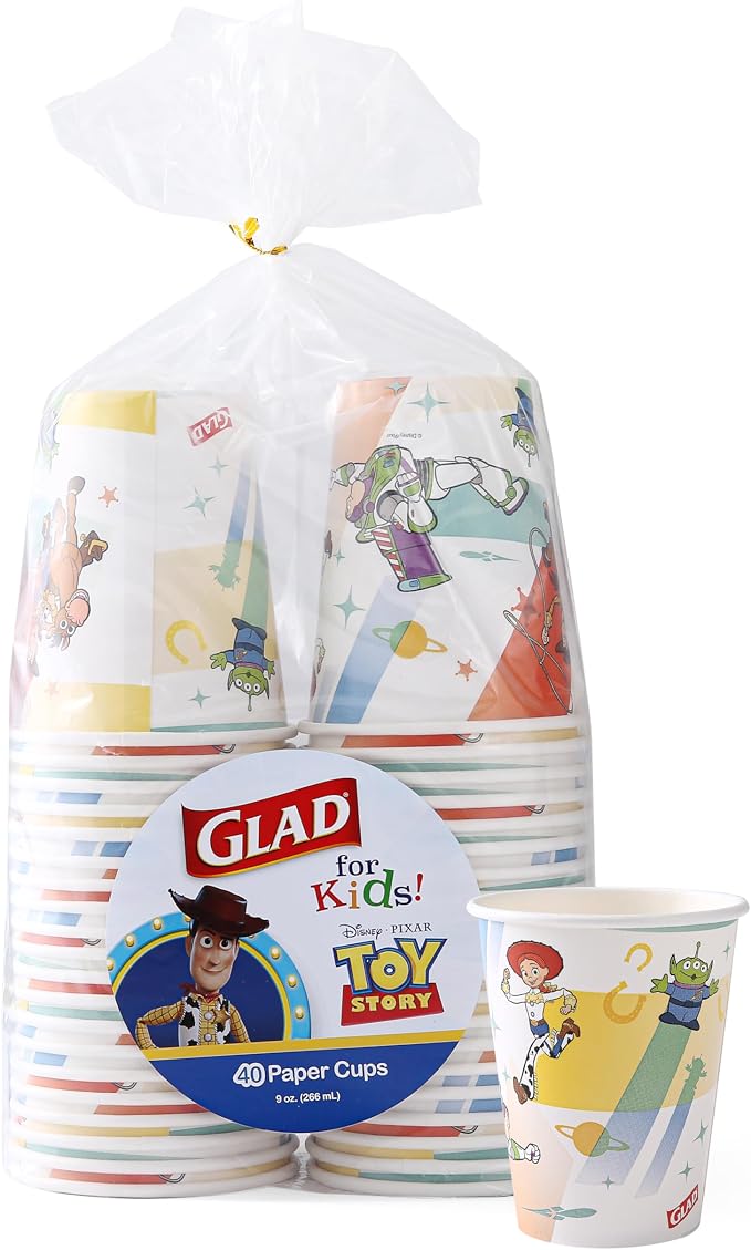 Glad for Kids Disney Pixar Toy Story Paper Cups, Beams, 9 Oz, 40 Ct, 10-Pk | Fun kid-friendly design, for juice, water, and cold drinks, disposable, lightweight, everyday party use