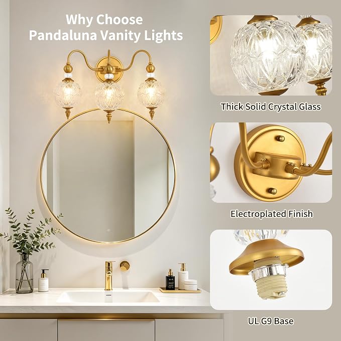 Vintage 3-Light Bathroom Vanity Light Over Mirror, Matte Brass | 18.7in Wide Farmhouse Bathroom Decor, Ribbed Glass Shades, G9 base, Wall Mounted, Mid Century Wall Sconces Vanity Lighting