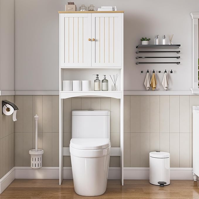 Over The Toilet Storage Cabinet for Small Bathrooms, Freestanding Space Saver with Double Doors & 2 Fixed Shelves, Stable Wood Organizer with Anti-Tip Kit, Fits 33-Inch Clearance, White
