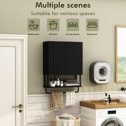 RUSTOWN Fluted Bathroom Wall Cabinet with 2 Doors, 3-Tier Medicine Cabinet | Modern Farmhouse Wall Mounted Cabinets, Over The Toilet Storage Cabinet, Adjustable Shelf and Towel Bar, Medium