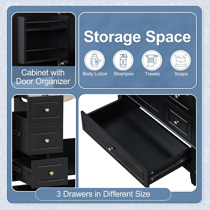 Bathroom Vanity with Ceramic Sink 30 Inch, Cabinet with One Door and Three Drawers, Soft-Closing Door, Solid Wood Legs, Black