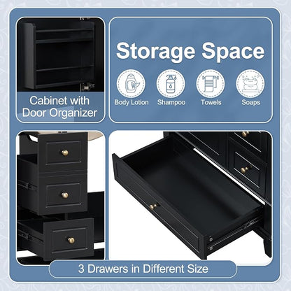 Bathroom Vanity with Ceramic Sink 30 Inch, Cabinet with One Door and Three Drawers, Soft-Closing Door, Solid Wood Legs, Black