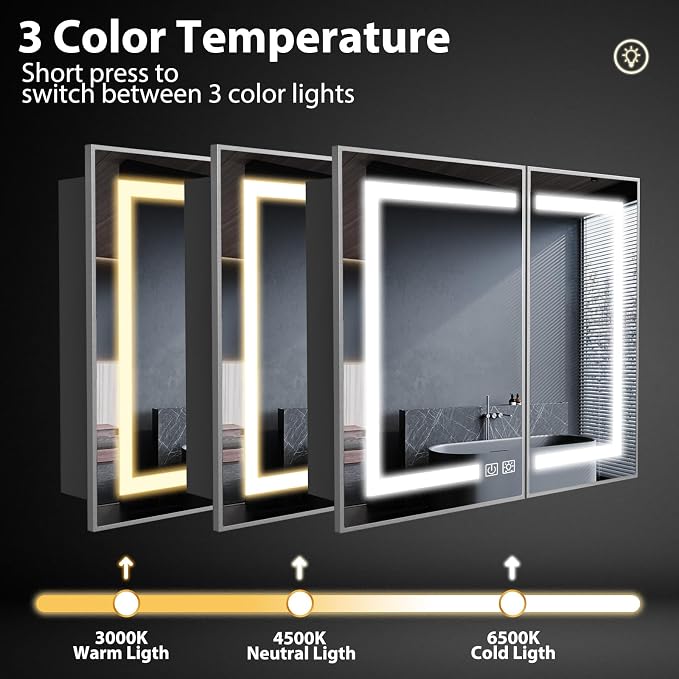 ROOMTEC 36 x 30 Inch Medicine Cabinet Mirror with LED Lights, Silver Bathroom Medicine Cabinet with Mirror and Storage, Recessed or Wall Mount, 3 Color Temperature, Dimmable Light