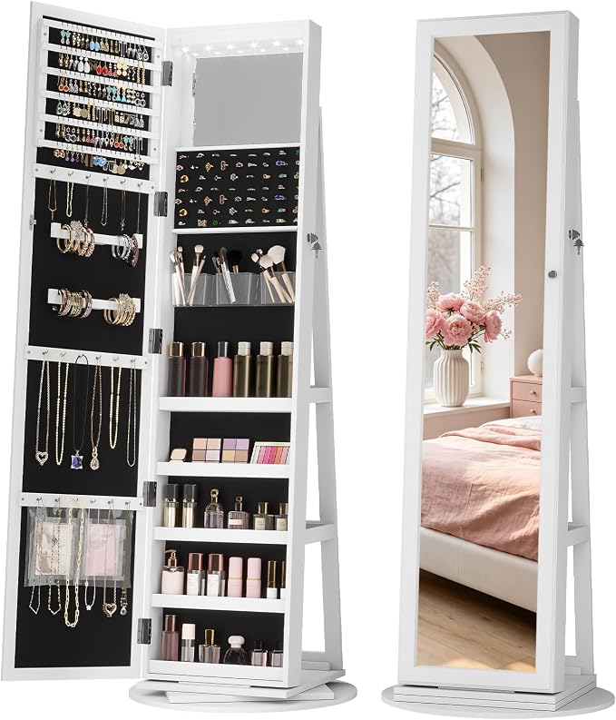 LVSOMT LED Jewelry Cabinet Standing, 360° Swivel Jewelry Armoire, White | Full Length Mirror with Storage, 3 Rear Shelves, Internal Mirror, 3 Color Lights, Lockable for Bedroom, Women Girls Gift