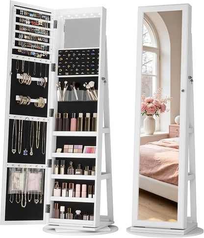 LVSOMT LED Jewelry Cabinet Standing, 360° Swivel Jewelry Armoire, White | Full Length Mirror with Storage, 3 Rear Shelves, Internal Mirror, 3 Color Lights, Lockable for Bedroom, Women Girls Gift