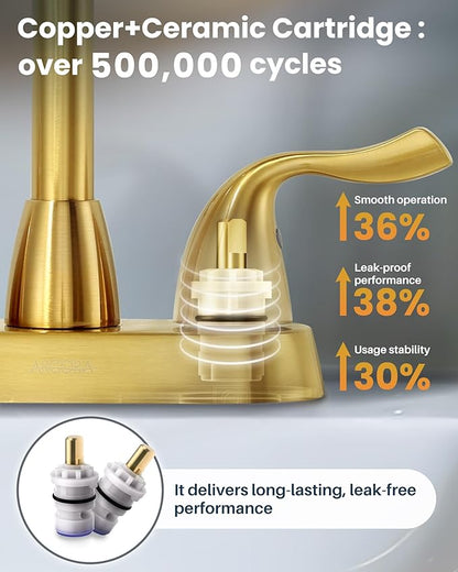 Brushed Gold Bathroom Faucet, ARCORA 4 inch Centerset Bathroom Faucet with Drain Assembly and Supply Lines
