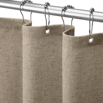Linen Shower Curtain Flax Khaki, Fabric Boho Farmhouse Shower Curtains for Bathroom Cotton Natural Cloth Liner Set 72" W x 72" L