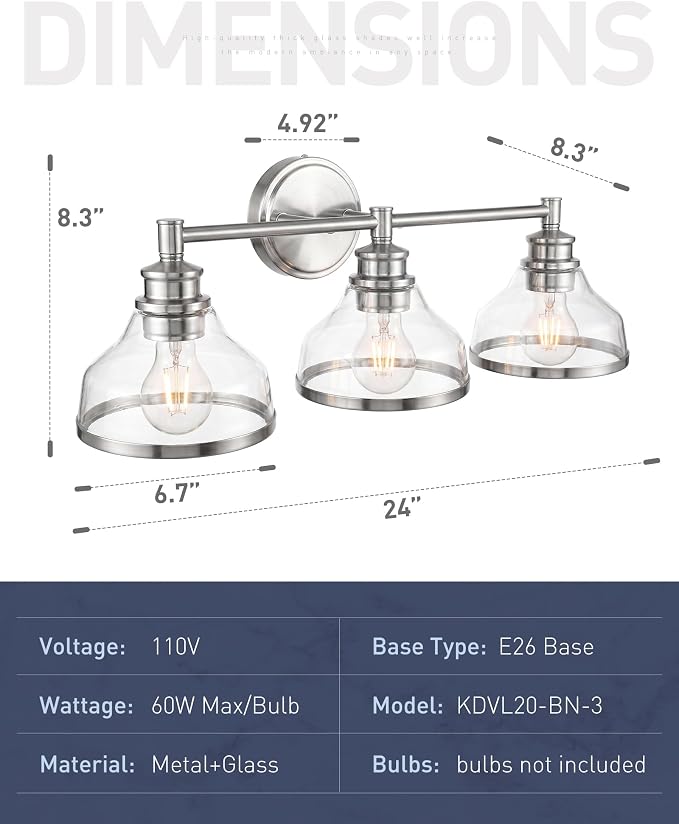 kudos 3-Light Brushed Nickel Vanity Light, Clear Glass Shade | 24" bathroom light fixtures over mirror, upward or downward, E26 base, bulbs not included, Hardwired, KDVL20-BN-3