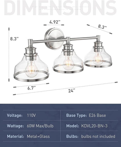 kudos 3-Light Brushed Nickel Vanity Light, Clear Glass Shade | 24" bathroom light fixtures over mirror, upward or downward, E26 base, bulbs not included, Hardwired, KDVL20-BN-3