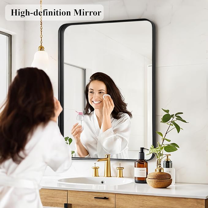 Black Bathroom Vanity Mirror Over Sink 28x36, Large Wall Mounted Mirror | Fabuday Matte Metal Framed Rectangular Big Mirror for Living Room, Bedroom, Entryway Decor, Rounded Rectangle Design