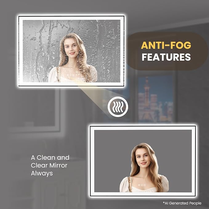 LOAAO 60"X40" LED Bathroom Mirror Black Framed | Anti-Fog, Dimmable, Memory Function, Tempered Glass, Lighted Vanity Mirror for Wall