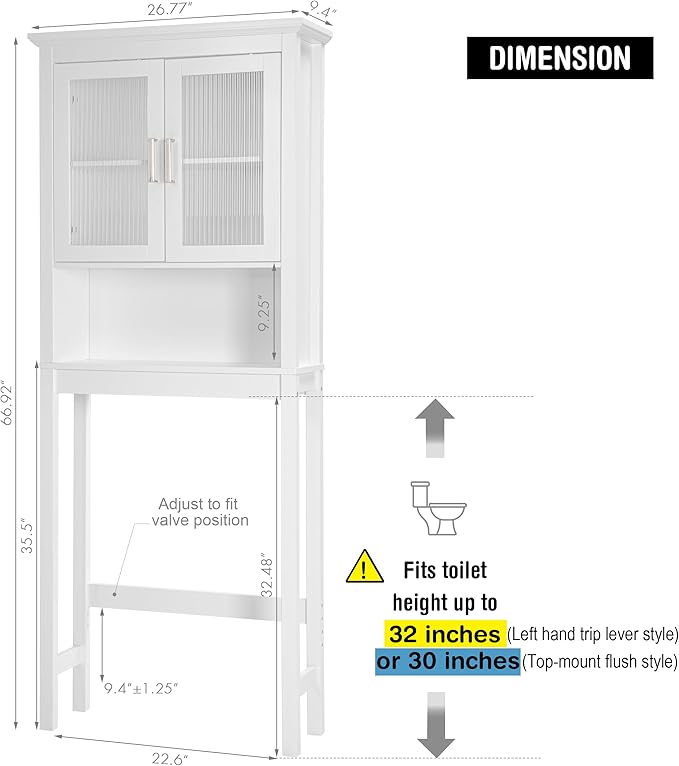 Spirich Over The Toilet Cabinet for Bathroom Storage, Above Toilet Storage Cabinet with Moru Tempered Glass Doors, White