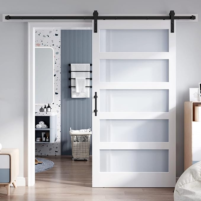 40x80 Inch Glass Sliding Barn Door Slab and 7ft Hardware Kit Included, 5 Frosted Glass, LVL Wood Panel Covered with White Water-Proof Scratch-Proof PVC Surface, Simple DIY Assembly