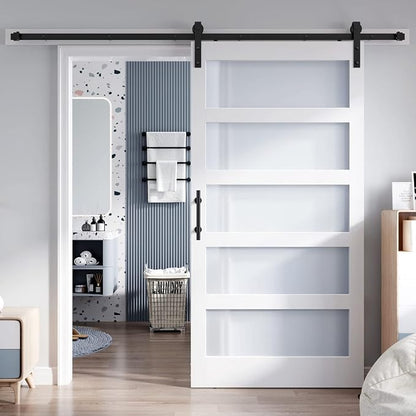 40x80 Inch Glass Sliding Barn Door Slab and 7ft Hardware Kit Included, 5 Frosted Glass, LVL Wood Panel Covered with White Water-Proof Scratch-Proof PVC Surface, Simple DIY Assembly