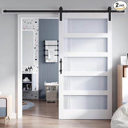 40x84 Inch Glass Sliding Barn Door Slab and 7ft Hardware Kit Included, 5 Frosted Glass, LVL Wood Panel Covered with White Water-Proof Scratch-Proof PVC Surface, Simple DIY Assembly