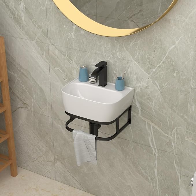 Lordear Wall Mounted Vessel Sink 16x11 Inch, U-Shape White Porcelain Bathroom Sink with Black Faucet and Support Pedestal Legs, Wall Hung Vanity Sink with Towel Rack for Small Bathrooms