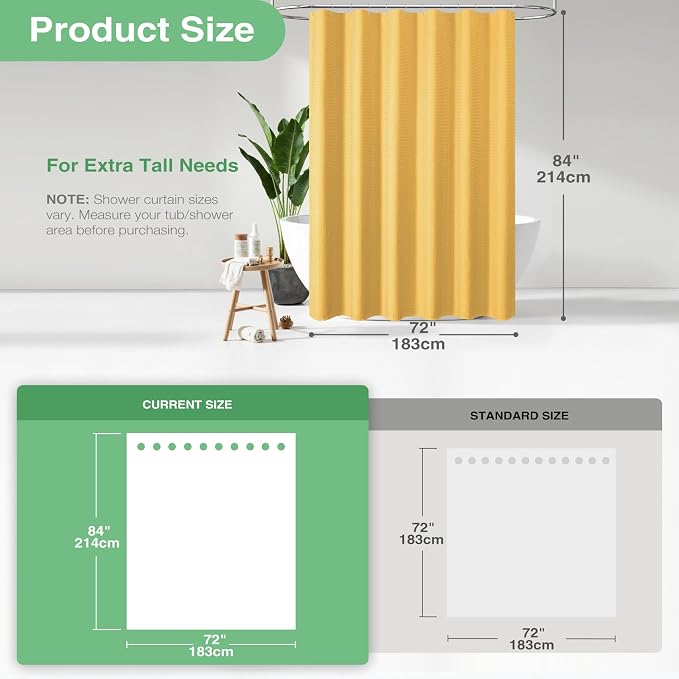 Extra Long Waffle Shower Curtain 256 GSM Fabric 72"x84" Gold | 84 Inch Long, Thick Cloth, Weighted Hem, Water Repellent, Tall Hotel Luxury Polyester Shower Curtains for Bathroom 12 Hooks