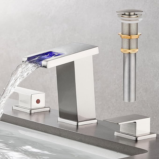 LED Bathroom Faucet 3 Hole, Brushed Nickel Waterfall Bathroom Faucets, 8 Inch Widespread Modern Bathroom Sink Faucet & Parts, Wide Spread Touch On Three Hole 2 Handle Bathroom Vanity Faucet