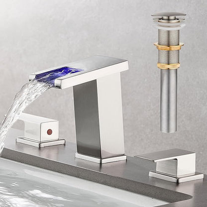 LED Bathroom Faucet 3 Hole, Brushed Nickel Waterfall Bathroom Faucets, 8 Inch Widespread Modern Bathroom Sink Faucet & Parts, Wide Spread Touch On Three Hole 2 Handle Bathroom Vanity Faucet