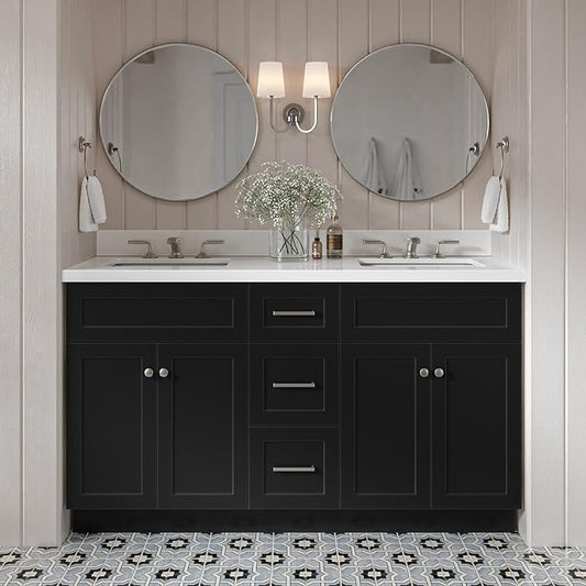 DKB Bradford 60" Double Black Bathroom Vanity with 1.5" Pure White Quartz Countertop, Rectangular Undermount Sinks, 2 Soft-Closing Doors, 3 Full Extension Dovetail Drawers
