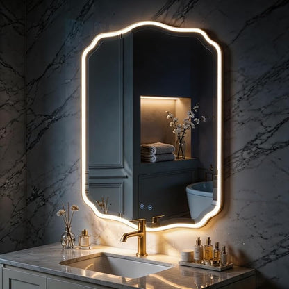 POZINO 36"x24" Scalloped LED Bathroom Mirror with Lights, Gold Metal Frame | Beveled Edge, 3 Color Dimmable, Anti-Fog, Memory Function, IP65 Waterproof, Smart Bathroom Vanity Mirror with Front Lights