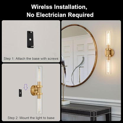 Gold Battery Operated Wall Sconce Set of 2, 12000mAh Rechargeable Wall Lights with Remote Control, Wireless Dimmable Wall Lamps for Bedroom Living Room Bathroom Hallway Stairwell