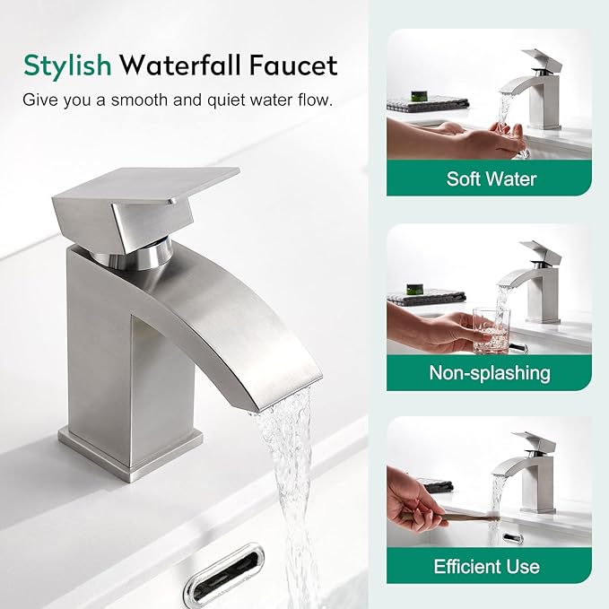 CREA Waterfall Bathroom Faucet 1 Hole Single Handle Brushed Nickel Stainless Steel Modern Basin Mixer Tap 3 Hole Deck Plate RV Vanity(Pop Up Drain/cUPC Supply Line)