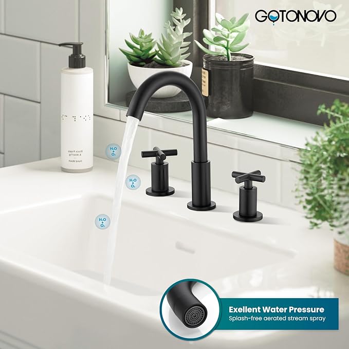 gotonovo 3 Hole Bathroom Faucet 8 inch Widespread Sink Vanity Faucet for Bathroom Sink 2 Cross Handle Deck Mount Basin with Pop Up Drain 360° Swivel Spout Matte Black