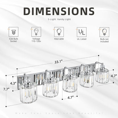 5-Light Modern Bathroom Light Fixture Chrome Bathroom Vanity Lights Over Mirror Wall Sconce Lighting with K9 Crystal Shades E26 Base for Bedroom, Living Room, Hallway Wall Lamp