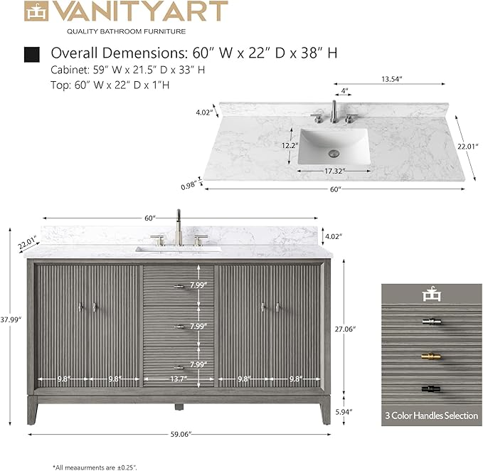Vanity Art 60" Bathroom Vanity with Single Sink & Arabescato White Engineered Stone Top, Vanity Cabinet with Soft Closing Door, Solid Wood Frame, Golden Brushed Handles, Driftwood Gray VA8160S-DG-GB