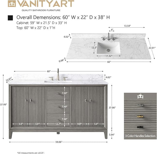Vanity Art 60" Bathroom Vanity with Single Sink & Arabescato White Engineered Stone Top, Vanity Cabinet with Soft Closing Door, Solid Wood Frame, Golden Brushed Handles, Driftwood Gray VA8160S-DG-GB