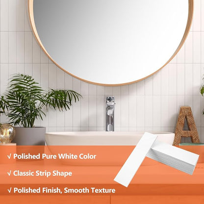 80-Piece Pure White Thick PVC Peel and Stick Backsplash, 2" x 8" Waterproof Subway Tile Peel and Stick Wall Tiles for Kitchen and Bathroom