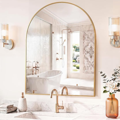 Sweetcrispy 30"x40" Arched Bathroom Mirror, Bathroom Mirrors for Over Sink | Modern Wall Mirrors Arch Decorative for Entryway, Bedroom, Vanity,Horizontal or Vertical Hanging, Gold