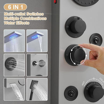 6 in 1 Shower Panel Tower System, Rainfall Shower Tower Systems w/LED and Digital Display Stainless Steel Shower Panels with Waterfall Tub Spout Massage Jets Handheld Head Nickel and Black