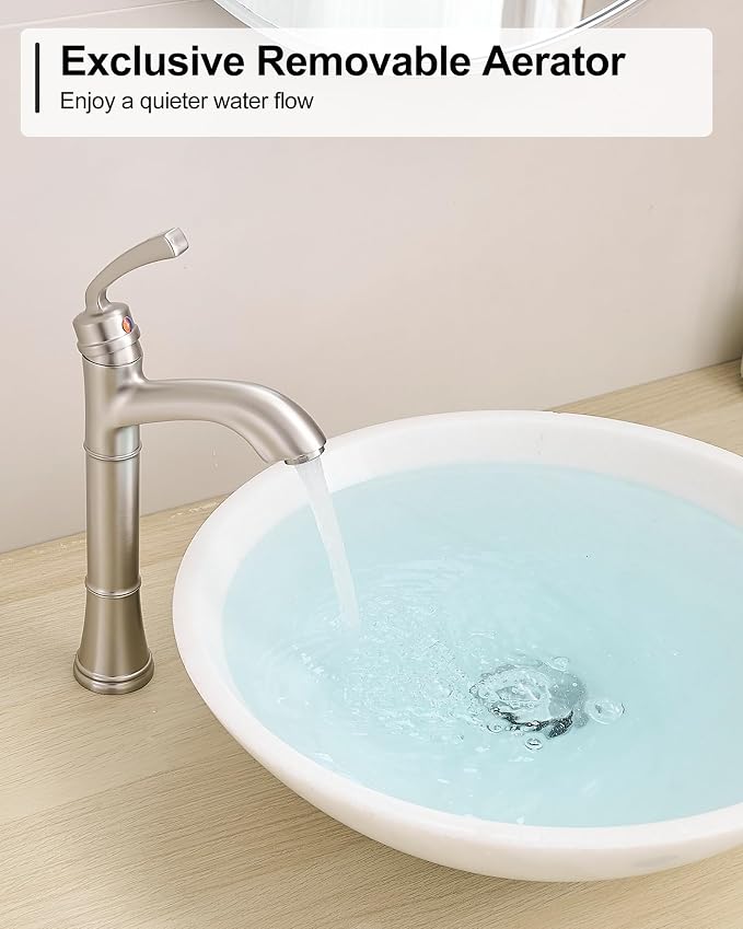 Brass Vessel Sink Faucet Brushed Nickel, Single Handle Tall Faucet for Bathroom Sink One Hole with Pop-Up Drain & Water Hoses, Save Water