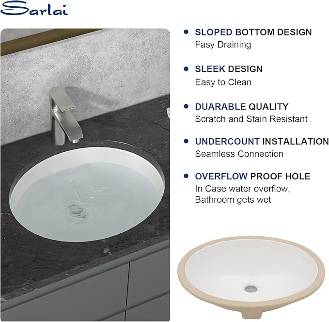 Sarlai Oval Vessel Undermount Bathroom Sink - 18x15 Inch, White Ceramic, Modern Art Basin, 16.25"x13.25"x5.5" with Overflow