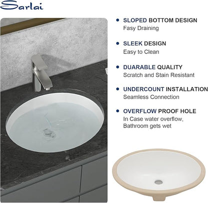 Sarlai Oval Vessel Undermount Bathroom Sink - 18x15 Inch, White Ceramic, Modern Art Basin, 16.25"x13.25"x5.5" with Overflow